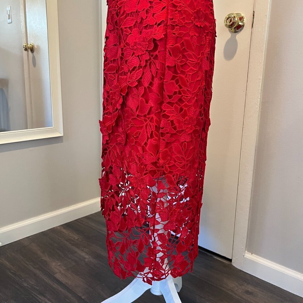 Betsy & Adam Red Crochet Lace Tulip Illusion Hem Cocktail Dress, Size 12 - Picture 9 of 16